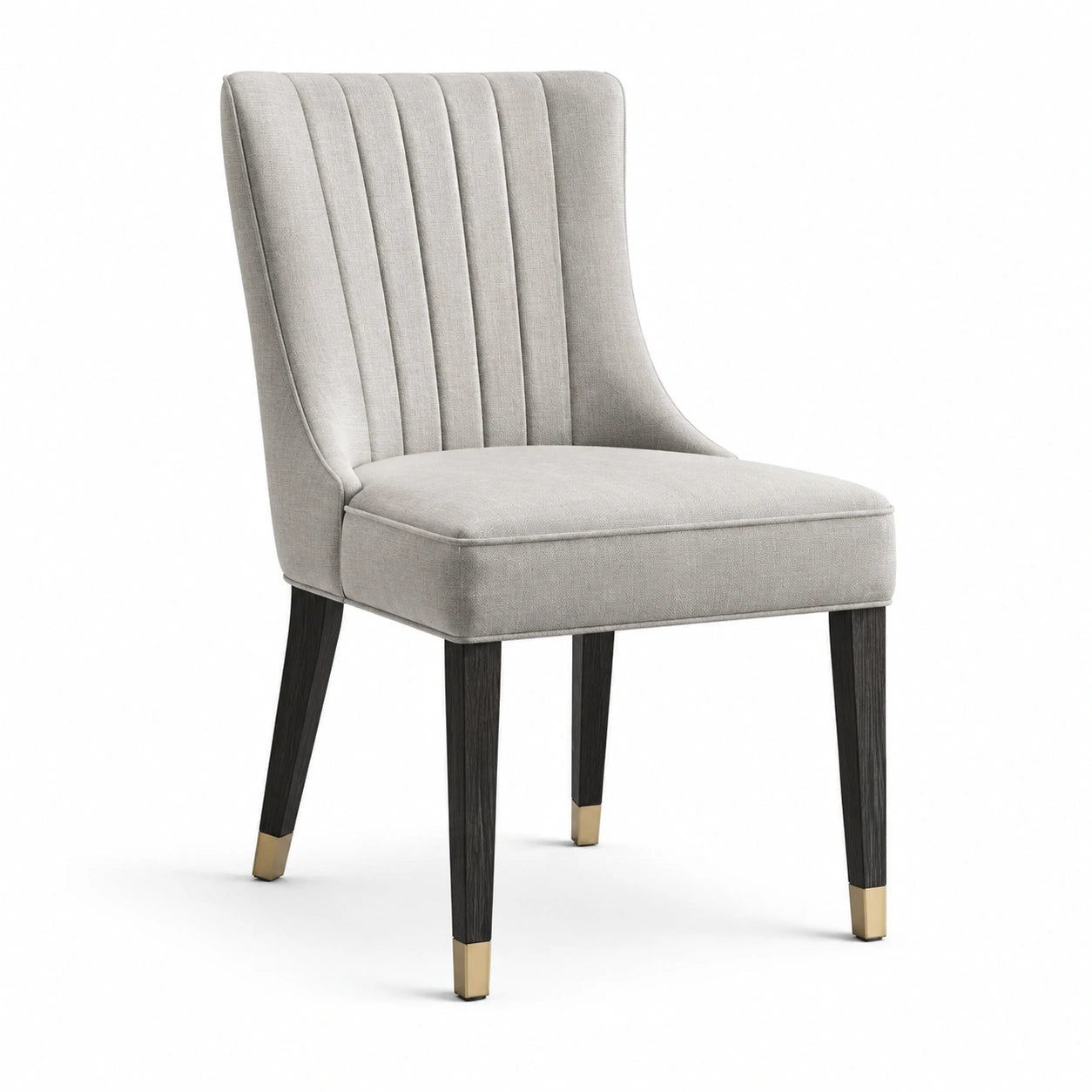 Sedia in tessuto poliestere grigio con gambe in legno e dettagli in metallo