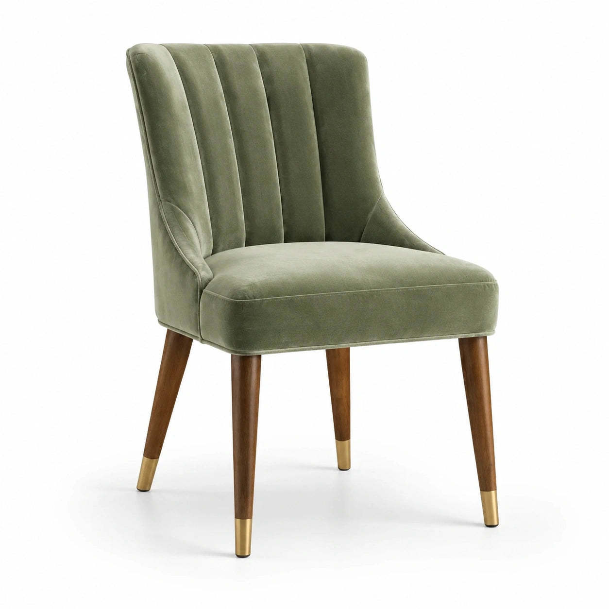 Sedia da pranzo in velluto verde con gambe in legno e dettagli in ottone