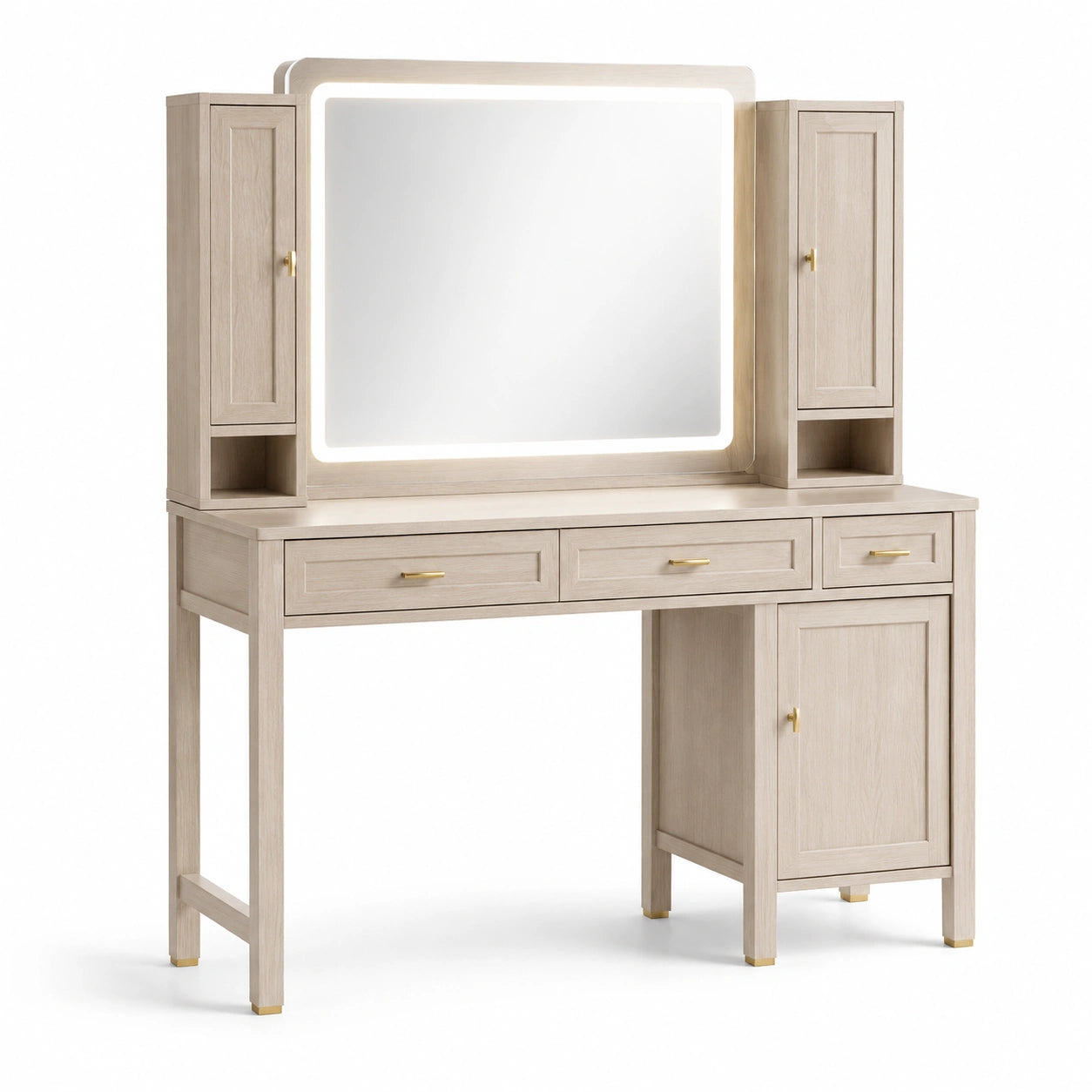 Tavolo da toeletta in legno massello con specchio LED e cassetti beige