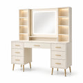 Tavolo Toeletta in Legno e Metallo con Specchio LED e Ripiani Beige