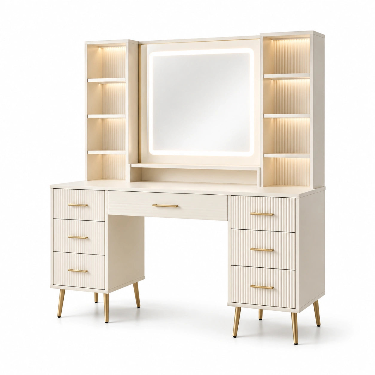 Tavolo Toeletta in Legno e Metallo con Specchio LED e Ripiani Beige