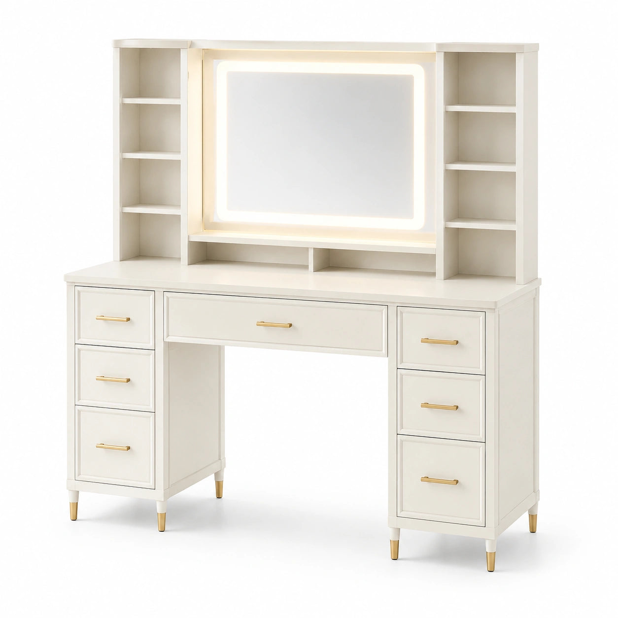 Tavolo da Trucco in Legno con Specchio LED e Cassetti Bianco
