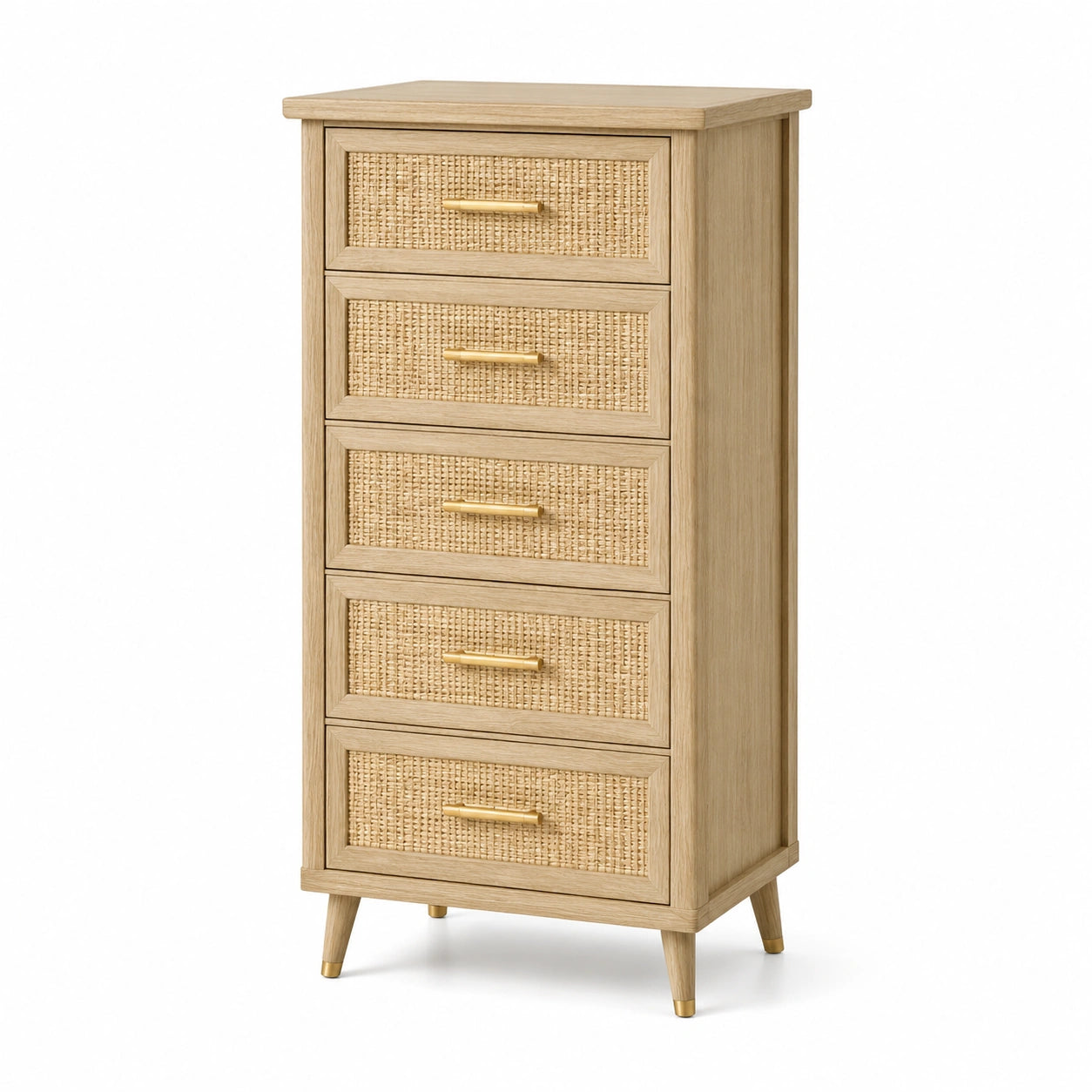 Cassettiera a 5 cassetti in legno e rattan intrecciato