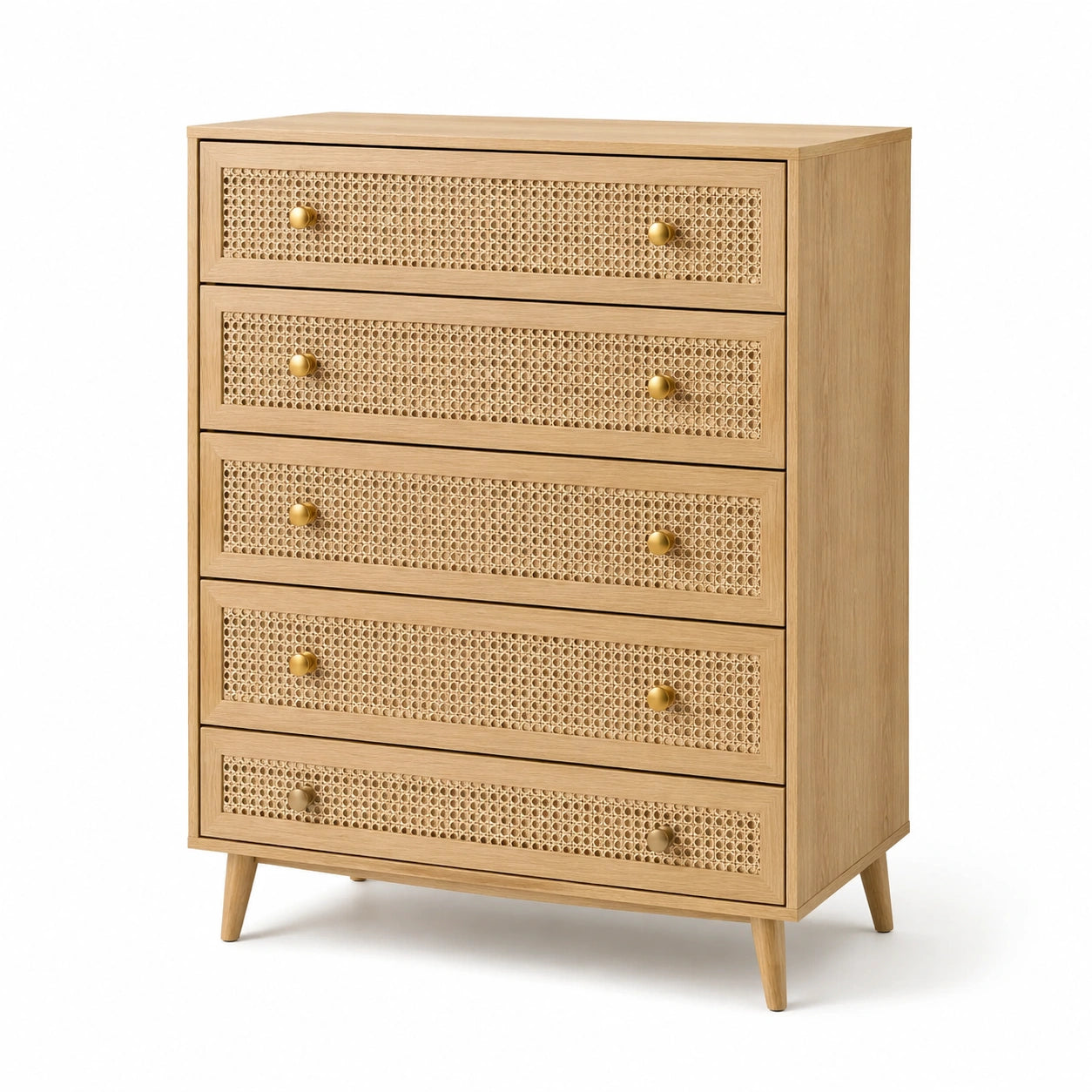 Cassettiera in legno con cassetti in rattan e maniglie in metallo