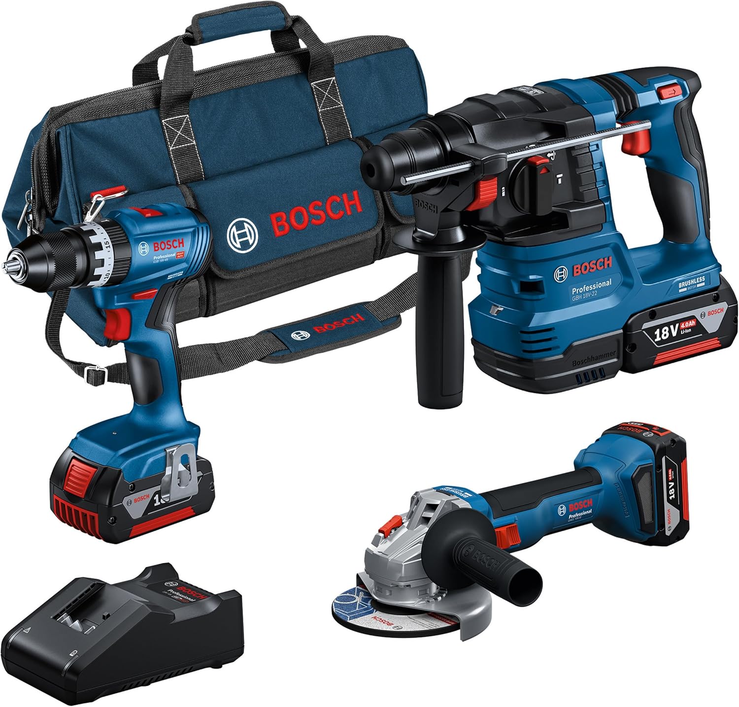 Set trapani Bosch Professional 18V-45 18V-22, 18 V System Combo kit a batteria: GSB 18 V-45 + GBH 18 V-22 + GWS 18 V-8 incl. 3 batterie GBA 4.0