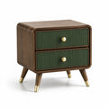 Comodino in legno e metallo a due cassetti color noce e verde