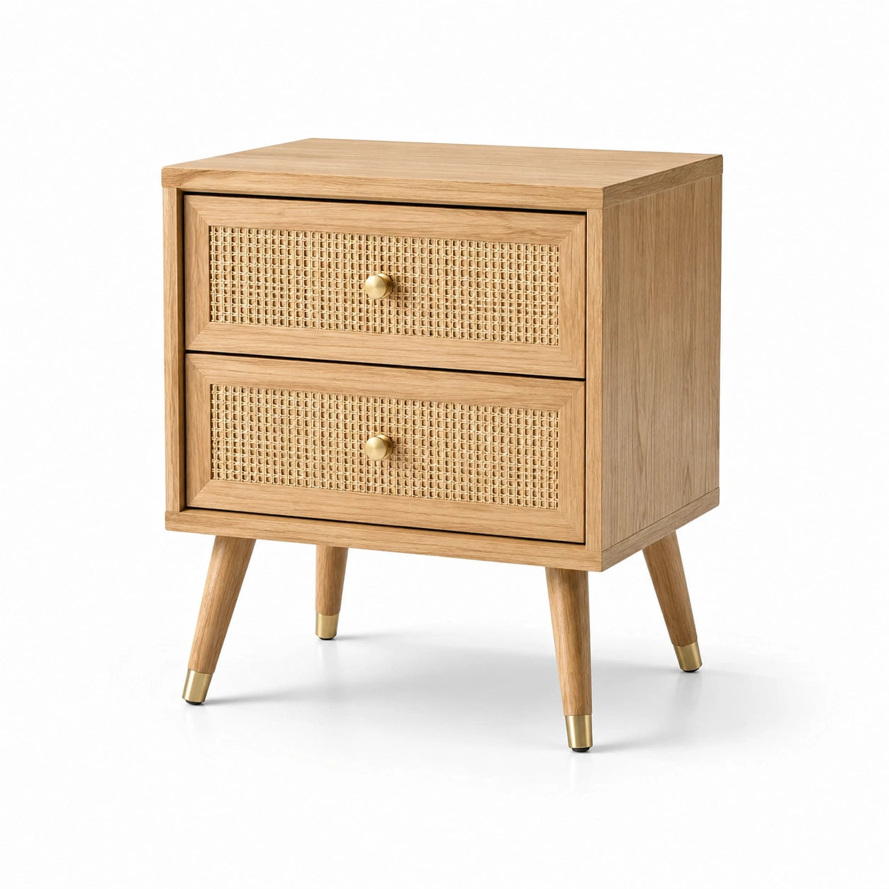 Comodino in legno e rattan a due cassetti color rovere naturale