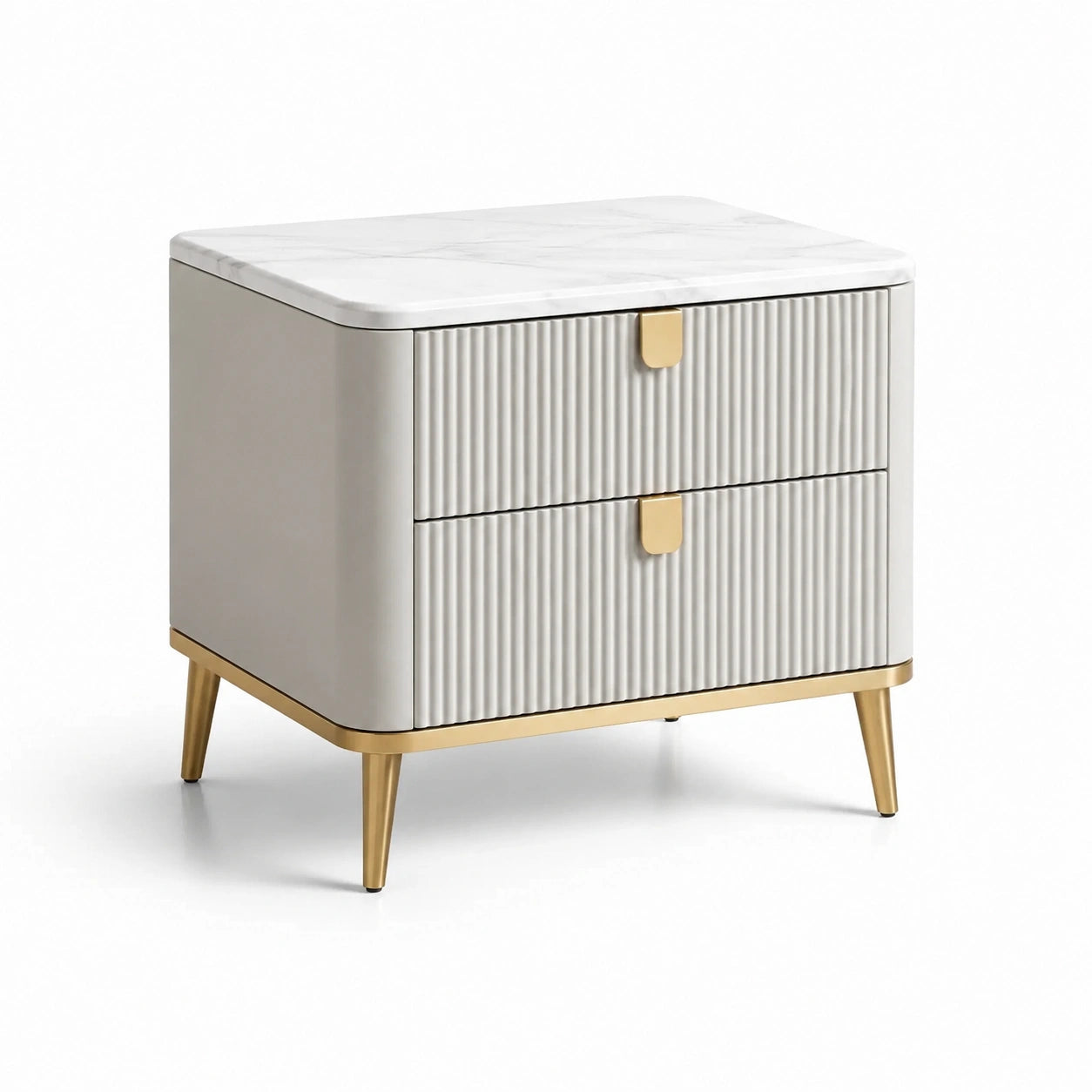 Comodino a 2 cassetti in legno e metallo bianco e oro