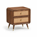 Comodino in Legno di Noce e Rattan con Due Cassetti