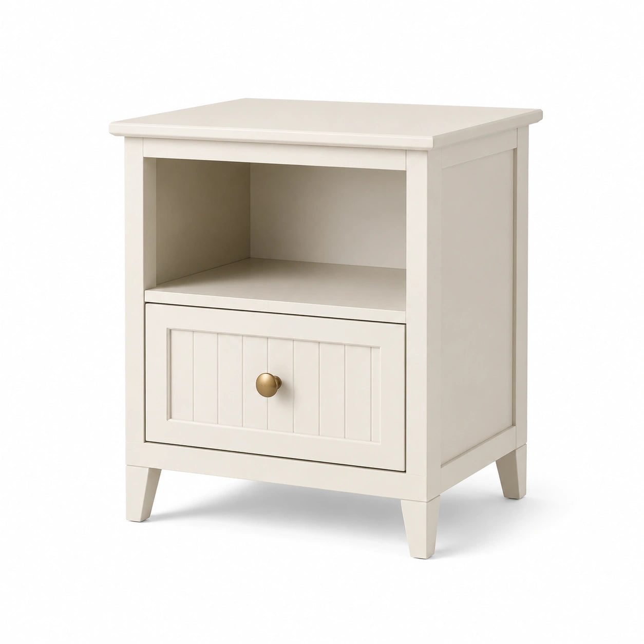 Comodino in legno con cassetto e ripiano aperto in MDF e pino color crema