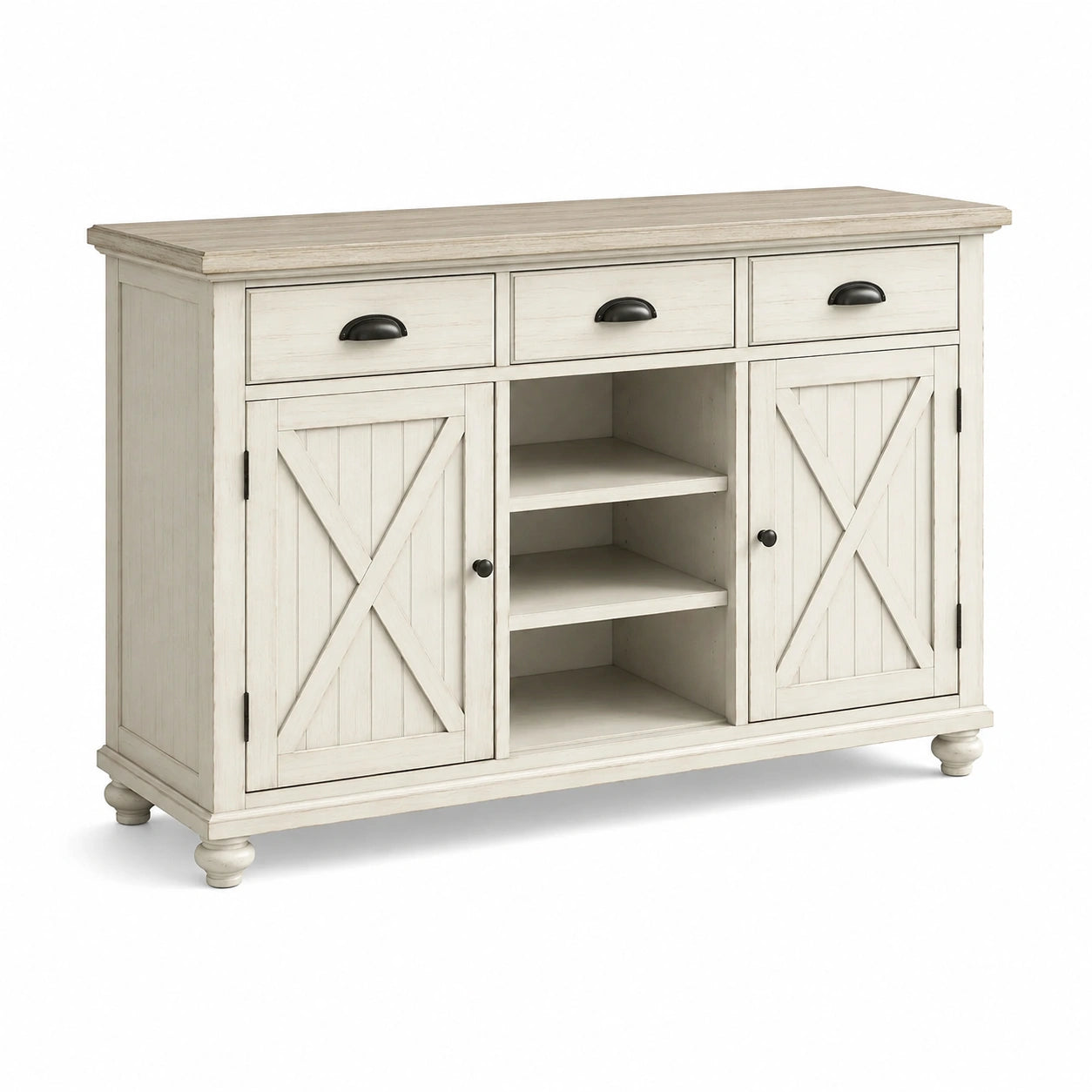 Credenza in legno di pino con ante e cassetti, bianca 152x84x40cm