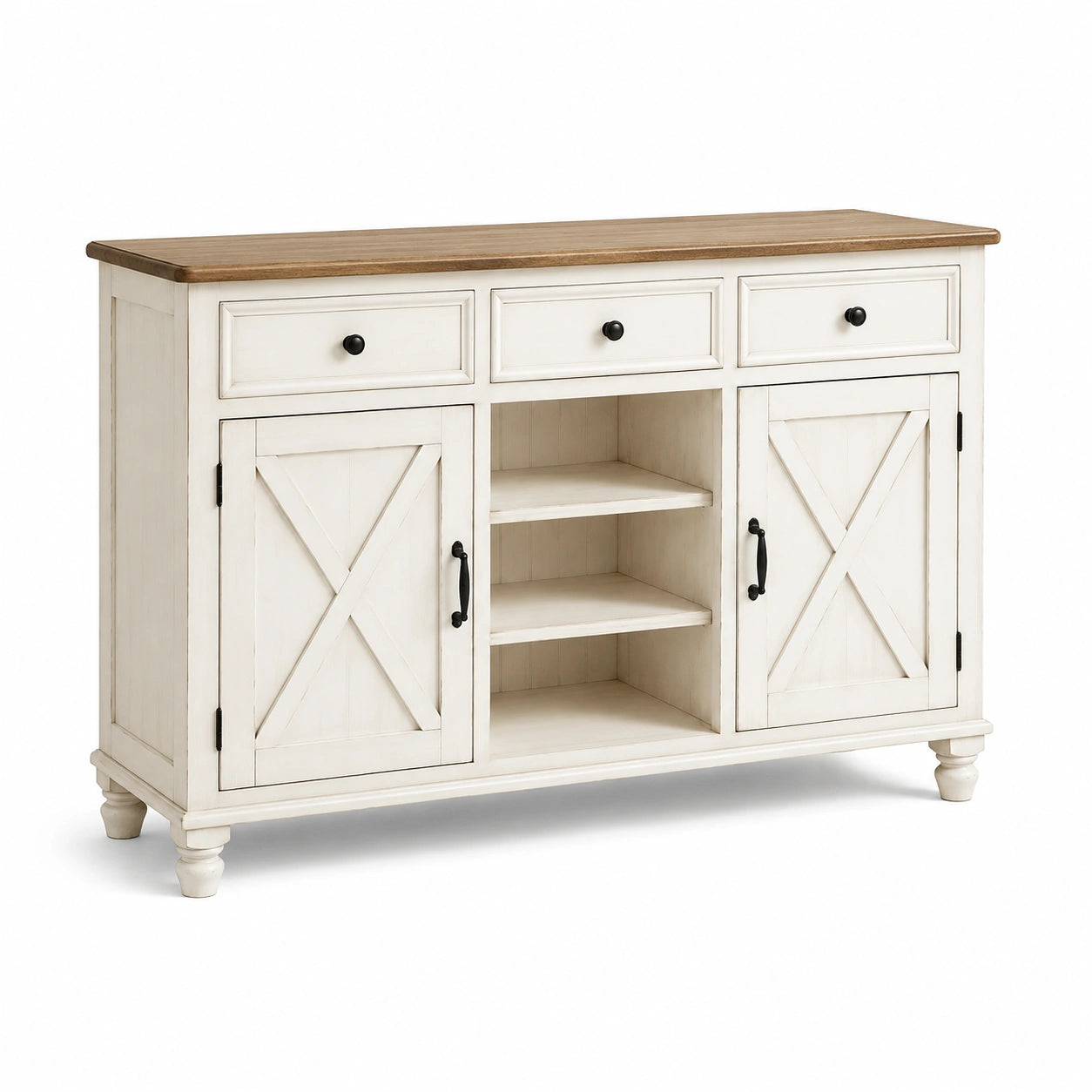 Credenza in legno di pino bianco con ante e cassetti 90x120x40 cm