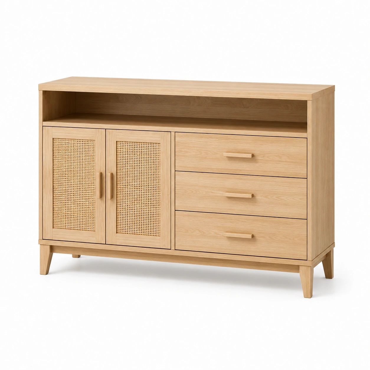 Credenza in legno di rovere con ante in rattan e 3 cassetti