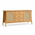 Credenza in legno con ante in rattan e maniglie in ottone