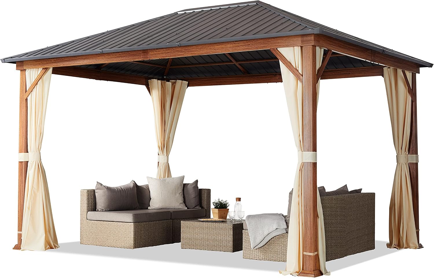 Gazebo TOOLPORT, da Giardino 3x4 m Look Legno, Tetto Hardtop in Acciaio, 4 Teli Laterali Color Crema