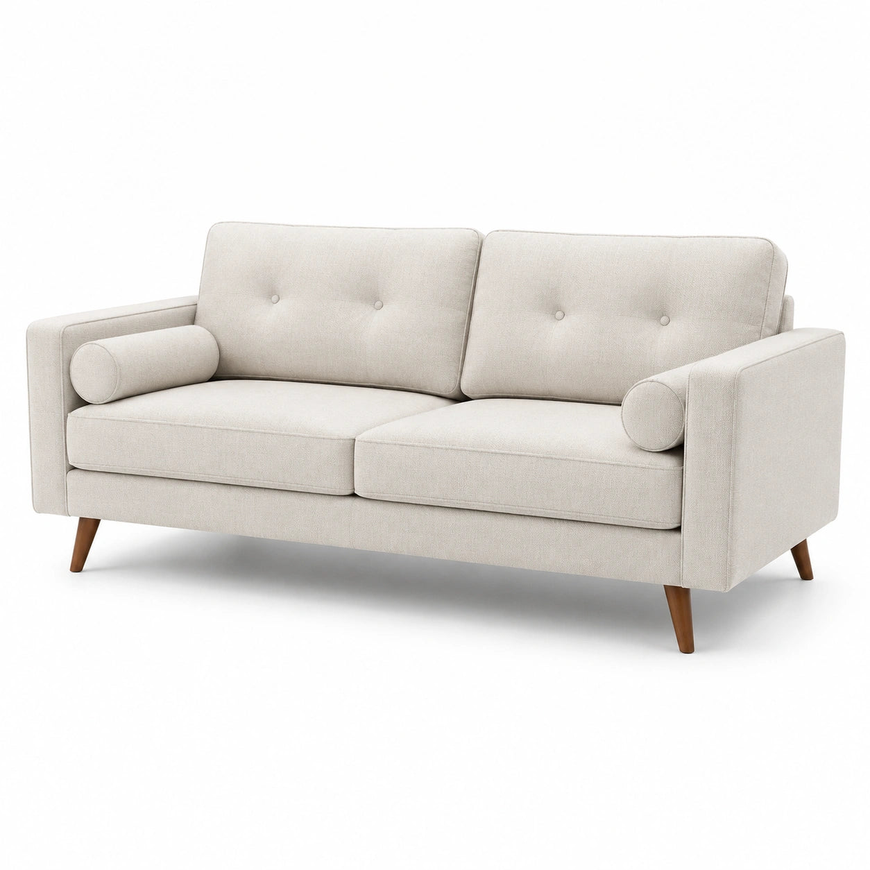 Divano a 3 posti in tessuto beige con gambe in legno