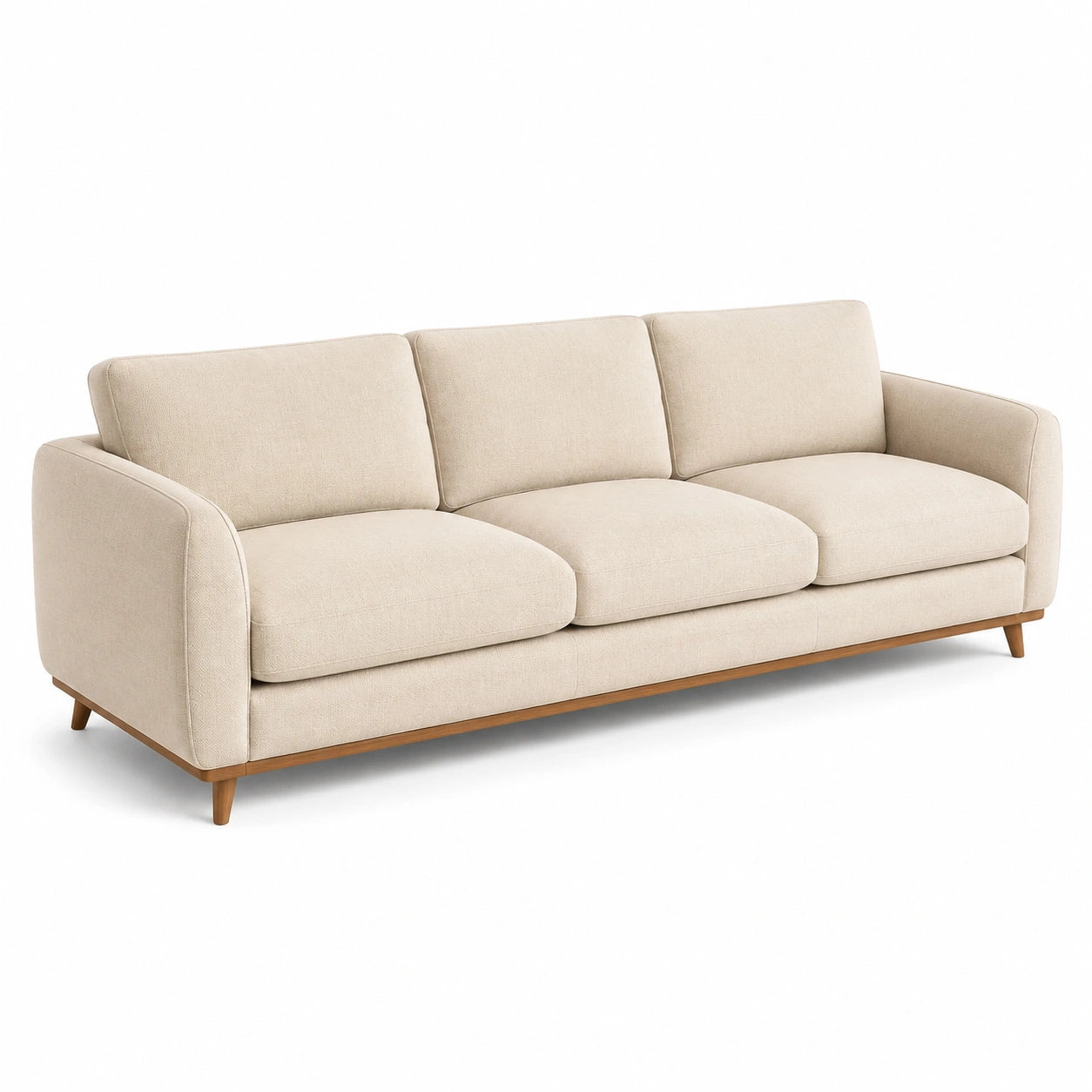 Divano tre posti in legno e tessuto beige