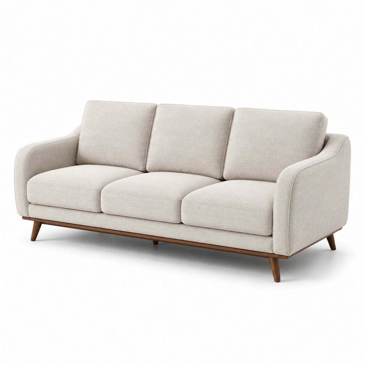 Divano a Tre Posti in Tessuto Beige con Base in Legno