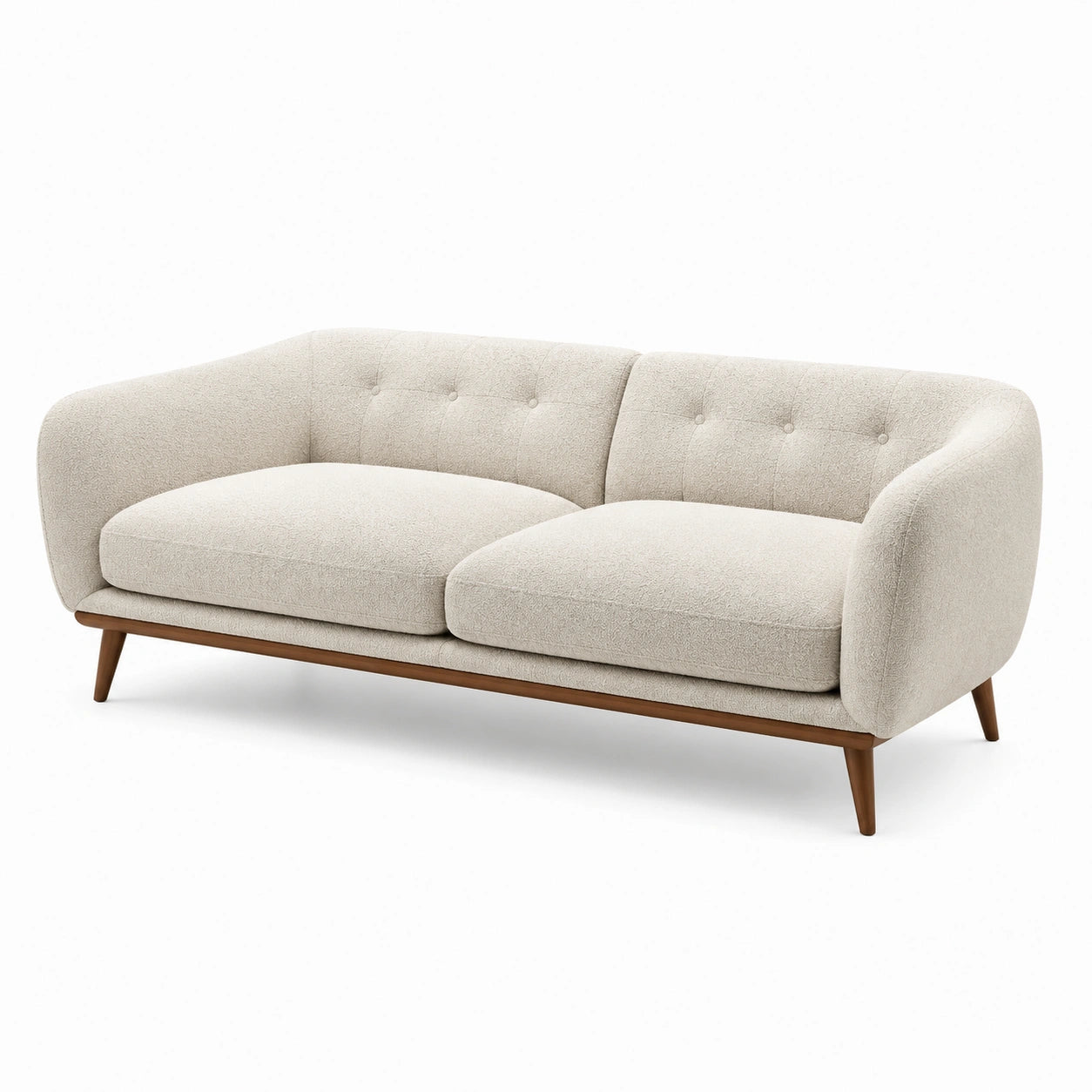 Divano a due posti in tessuto beige con gambe in legno
