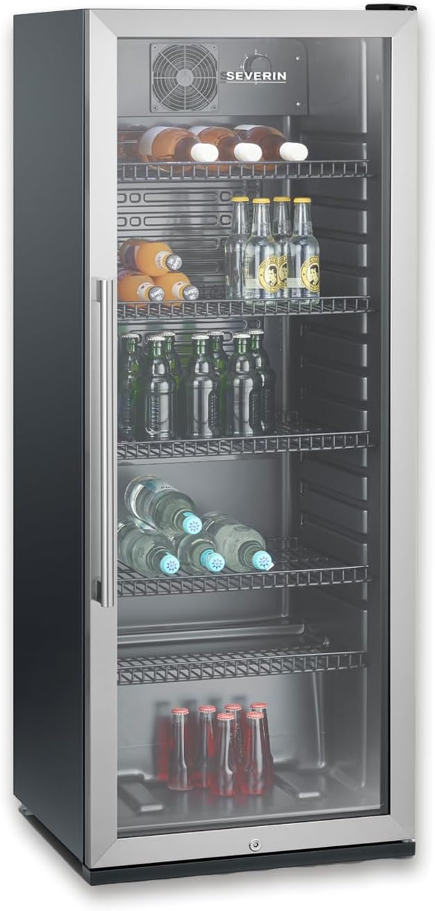 Severin FKS 8841 mini frigorifero, 272 Lattine, Porta in Vetro, Serratura Integrata, Temp. 0-10°C, Luce LED, Classe C, Uso Commerciale