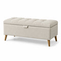 Panca contenitore tessuto beige con gambe in legno