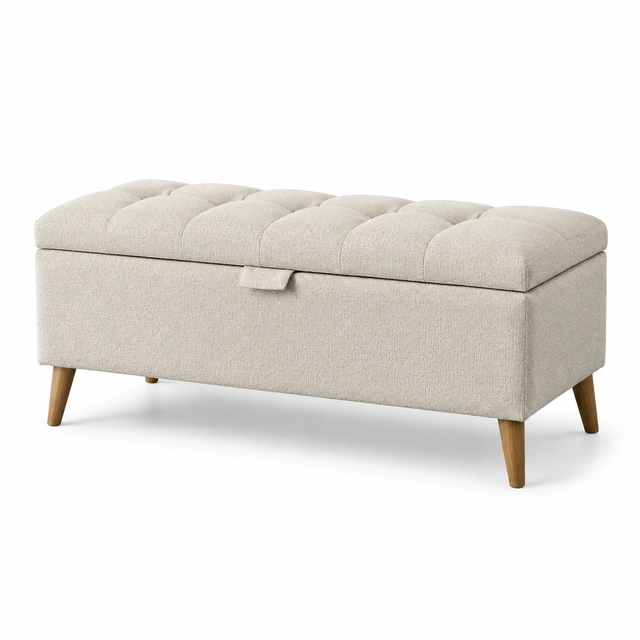 Panca contenitore tessuto beige con gambe in legno