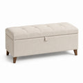 Panca contenitore in tessuto lino beige con gambe in legno