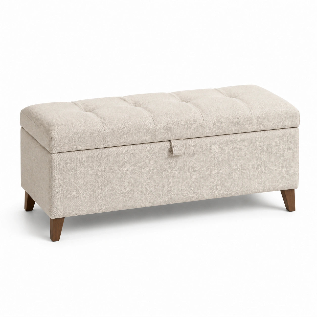 Panca contenitore in tessuto lino beige con gambe in legno