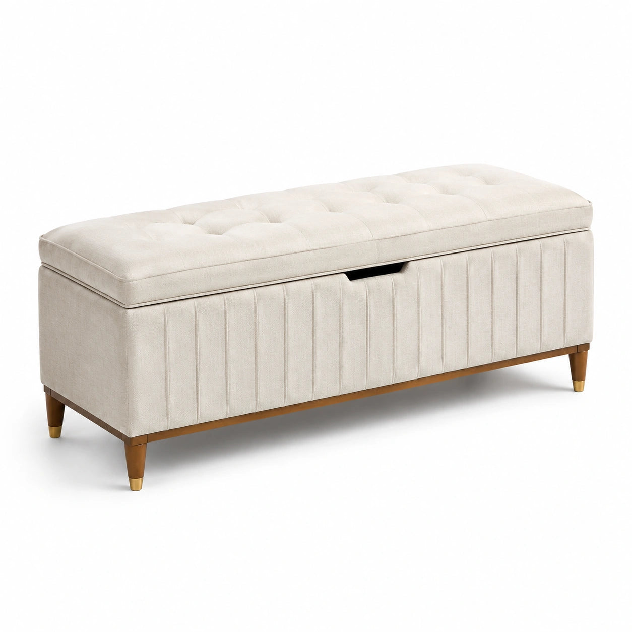 Panca contenitore in tessuto beige e legno 120x40x45 cm