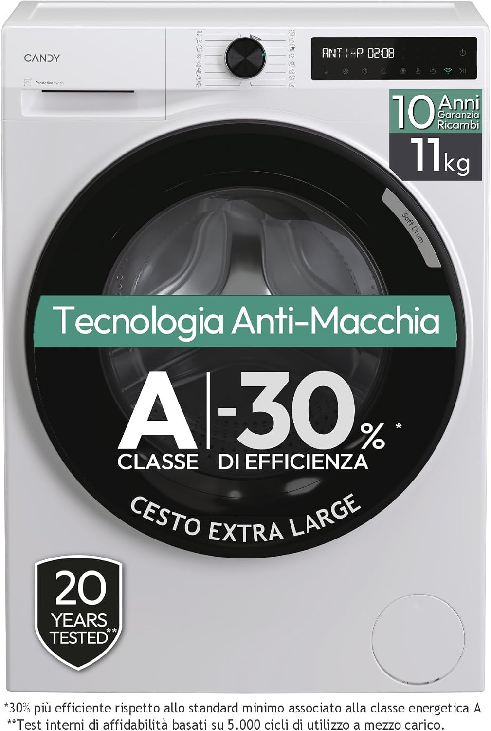 CANDY A-30 411BL9-S lavatrice, 500 Lavatrice 11 kg, Libera Installazione, Carica Frontale, Classe A-30%, 1400 Giri, 16 Programmi, Connessa