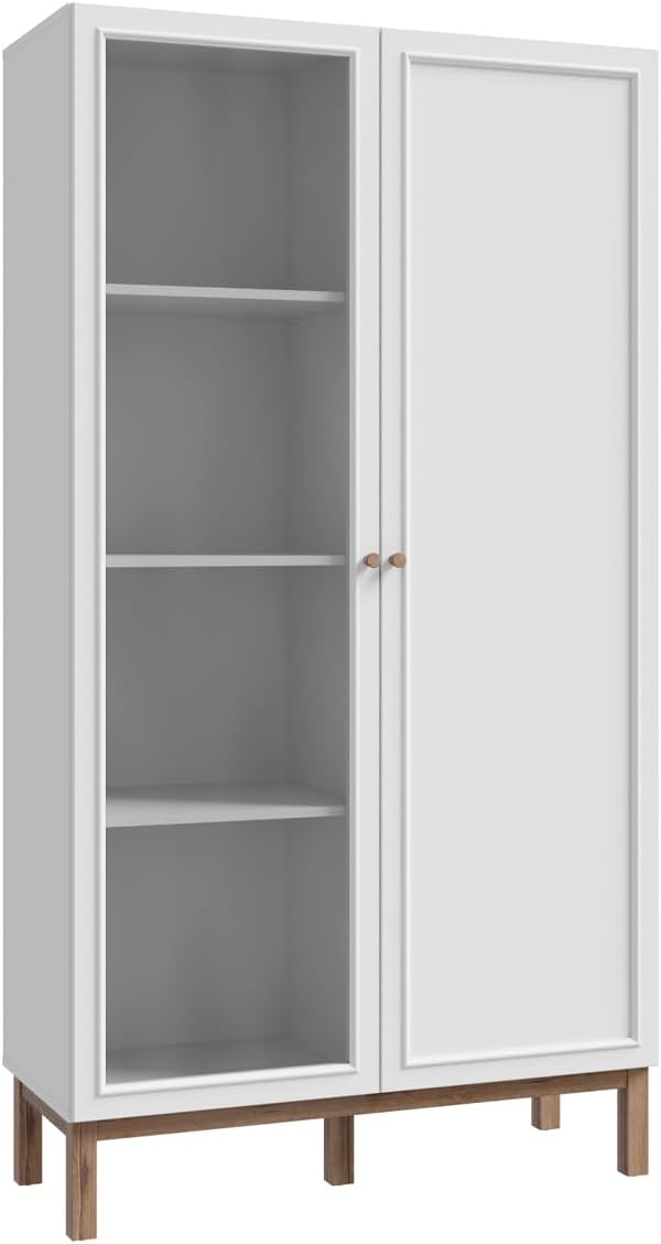 Vetrinette Meubletmoi, 185 cm 2 ante decoro grigio chiaro e rovere, con manici in legno massello, stile classico chic e scandinavo