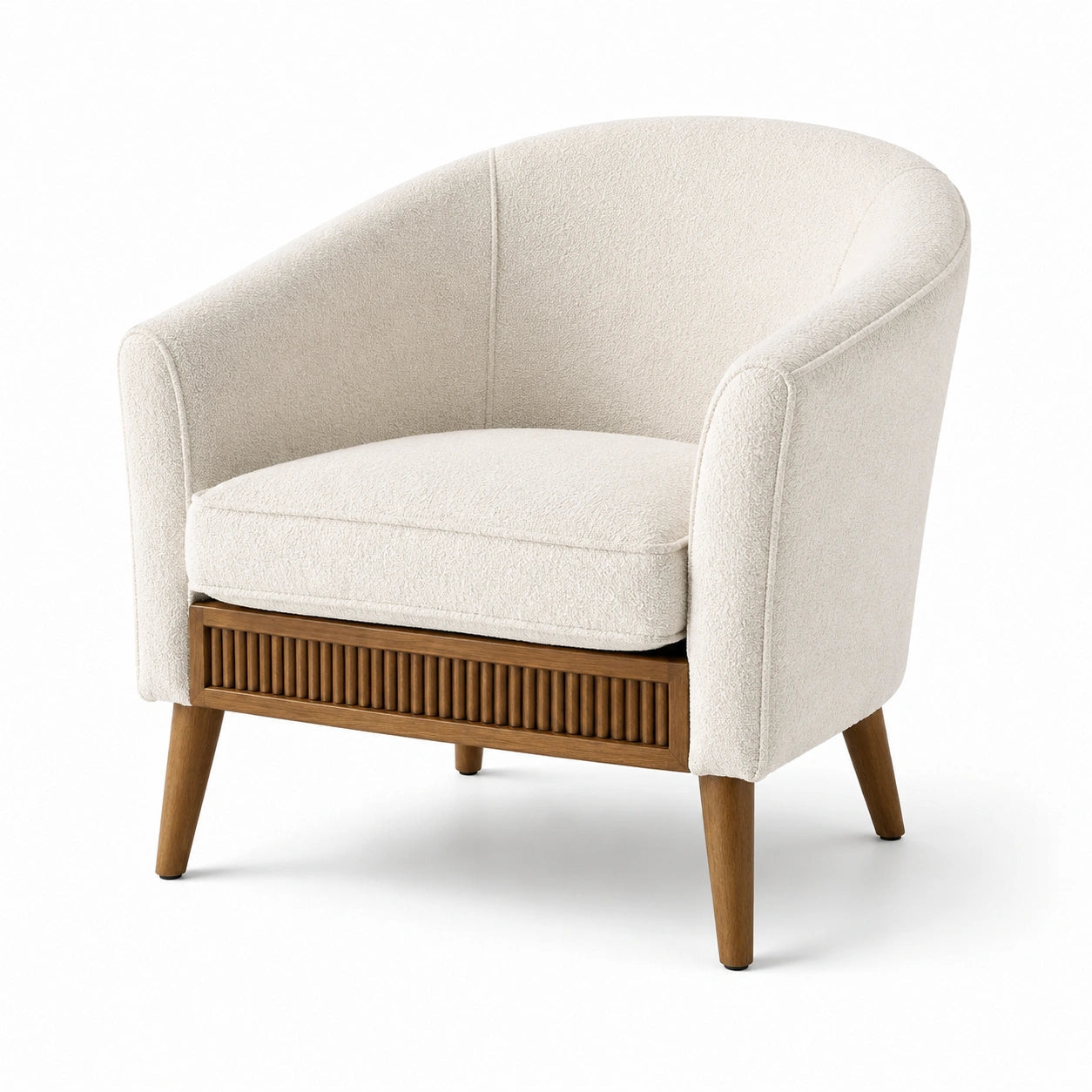 Poltrona curva in legno con tessuto bouclé crema