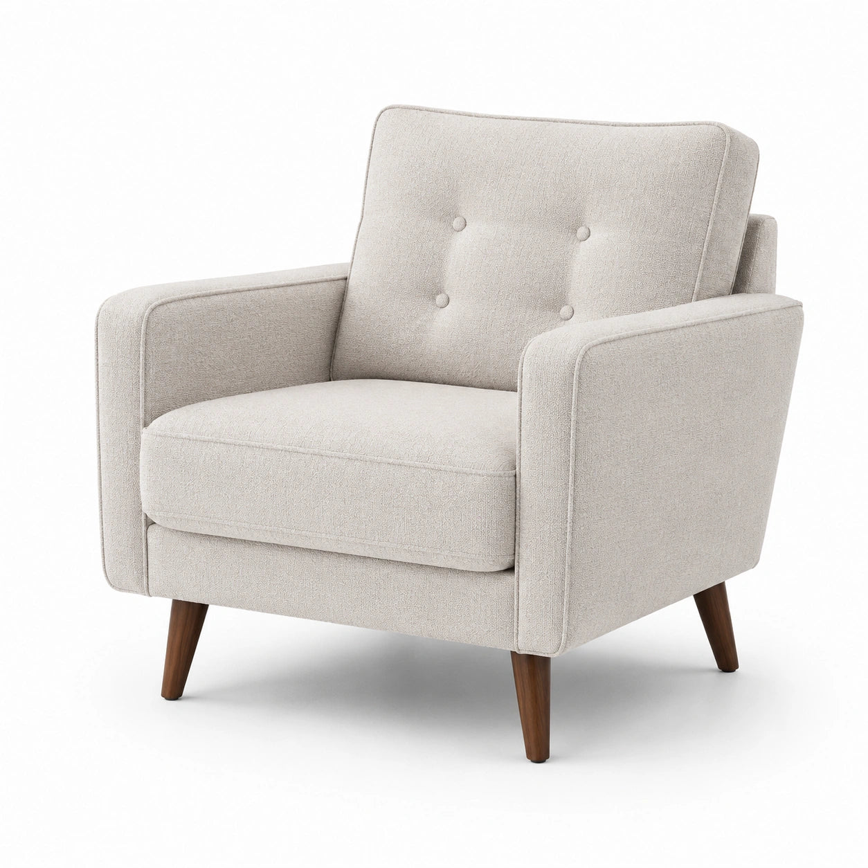 Poltrona in tessuto beige con gambe in legno