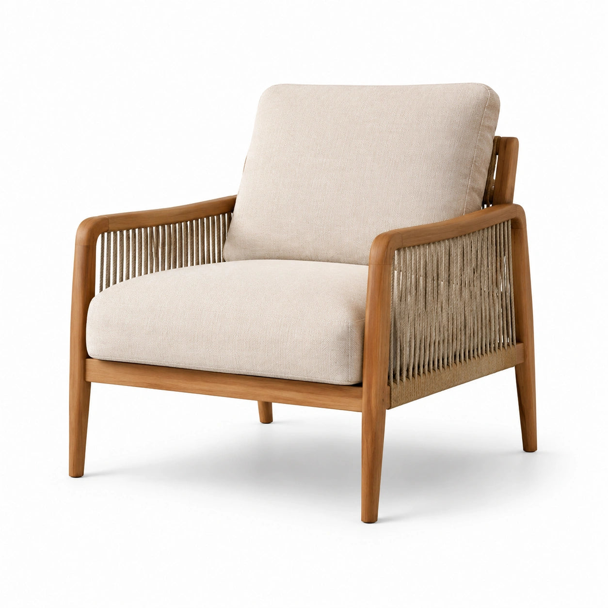 Poltrona in legno e corda con cuscino beige