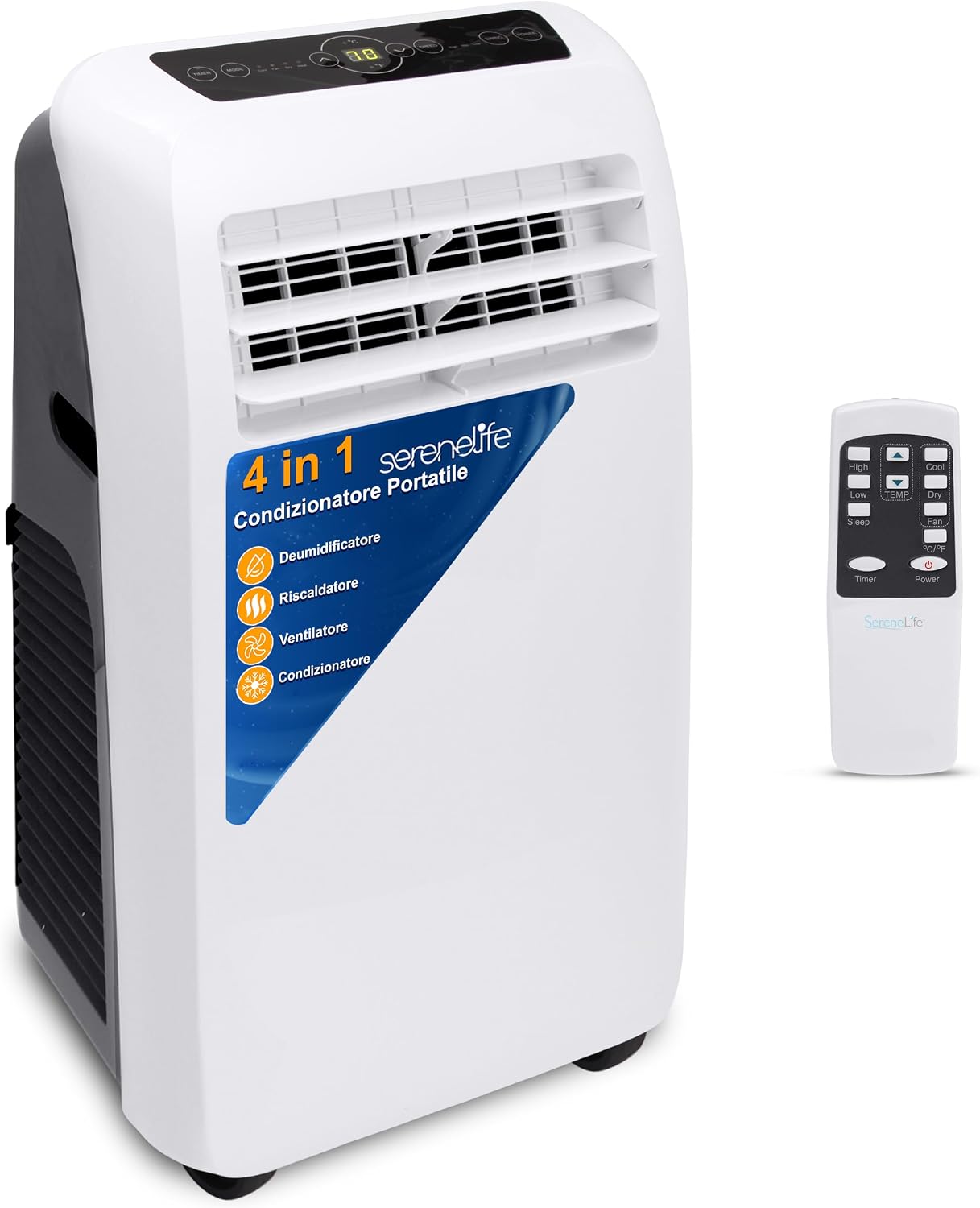 Condizionatore portatile SereneLife, Portatile 3-in-1 con Deumidificatore, Ventilatore, Riscaldamento, con Telecomando, Kit Finestra, 12,000 BTU