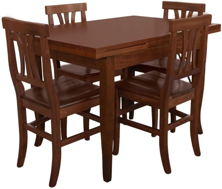 Tavolo da pranzo Vicentini arreda, Allungabile in legno arte povera con 4 sedie piera seduta legno noce scuro (120x80 (200))