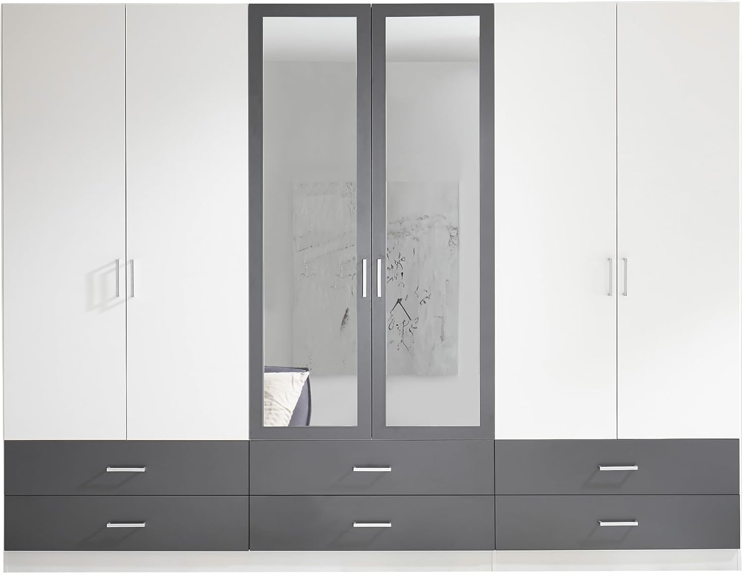 Armadio AVANTI TRENDSTORE, Lambrugo, a 6 ante battenti, di cui 2 con specchio e 6 cassetti, in legno laminato di colore bianco/grafite.