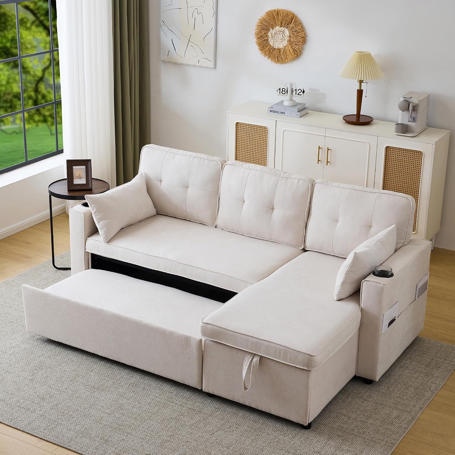 Divano Lubvtti, con funzione letto, con spazio contenitore e portabicchieri, letto per soggiorno, chaise longue sinistra e destra intercambiabili
