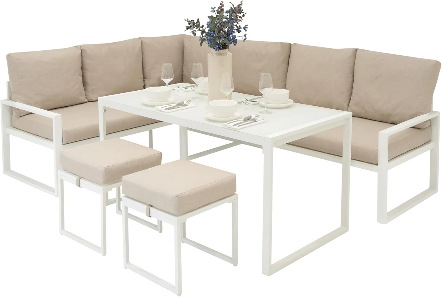 Set tavolo e sedie Monster Shop, da Giardino in Alluminio 7 Posti Divano Angolare da Esterno con Tavolo da Pranzo in Vetro Temperato e 2 Sgabelli