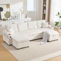 Divano Lubvtti, con portabicchieri, porte USB, contenitore integrato, 4 posti moderno in velluto a coste, angolare a U con chaise longue Beige +