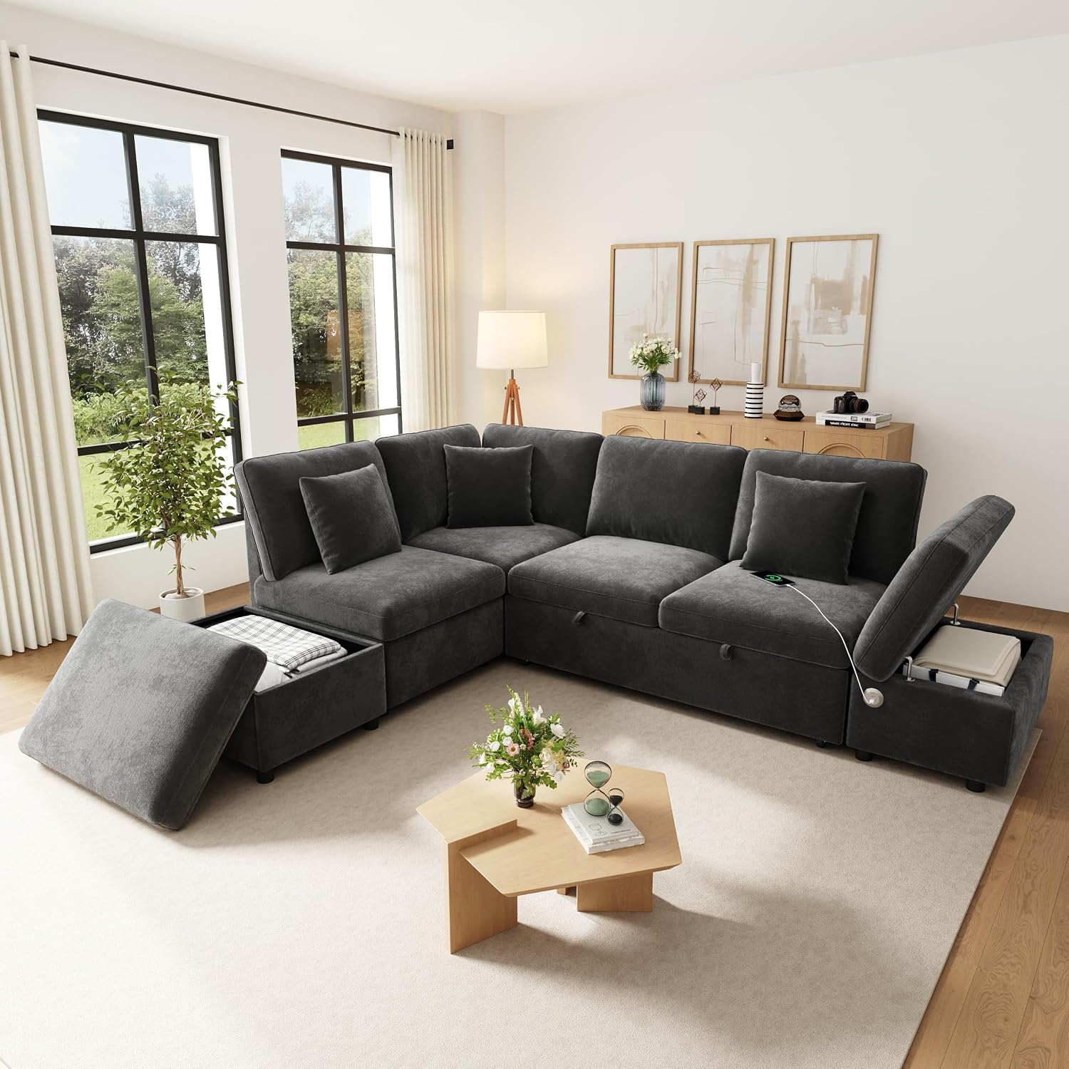 Divano Trdlpyn, con Pouf Contenitore Mobile e Porte USB/Type-C, Letto Estraibile con funzione letto, Tessuto Ciniglia, Reversibile