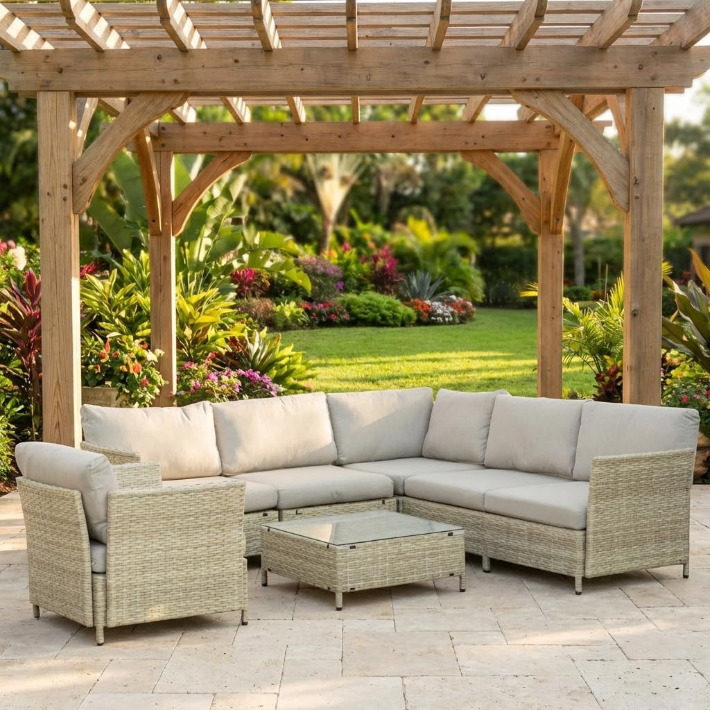 Divano DecHome, da Giardino Esterno Set Mobili Divano Angolare 1 Poltrona e Tavolino con Cuscini in Rattan Pe Beige