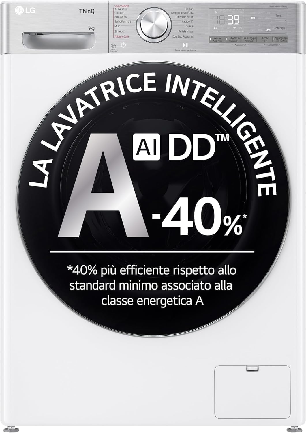 LG F4R9009TPWC lavatrice, 9 kg Classe A -40%, Carica Frontale Serie R9, 1400 Giri, TurboWash 360, Lavaggio a Vapore con Antipiega