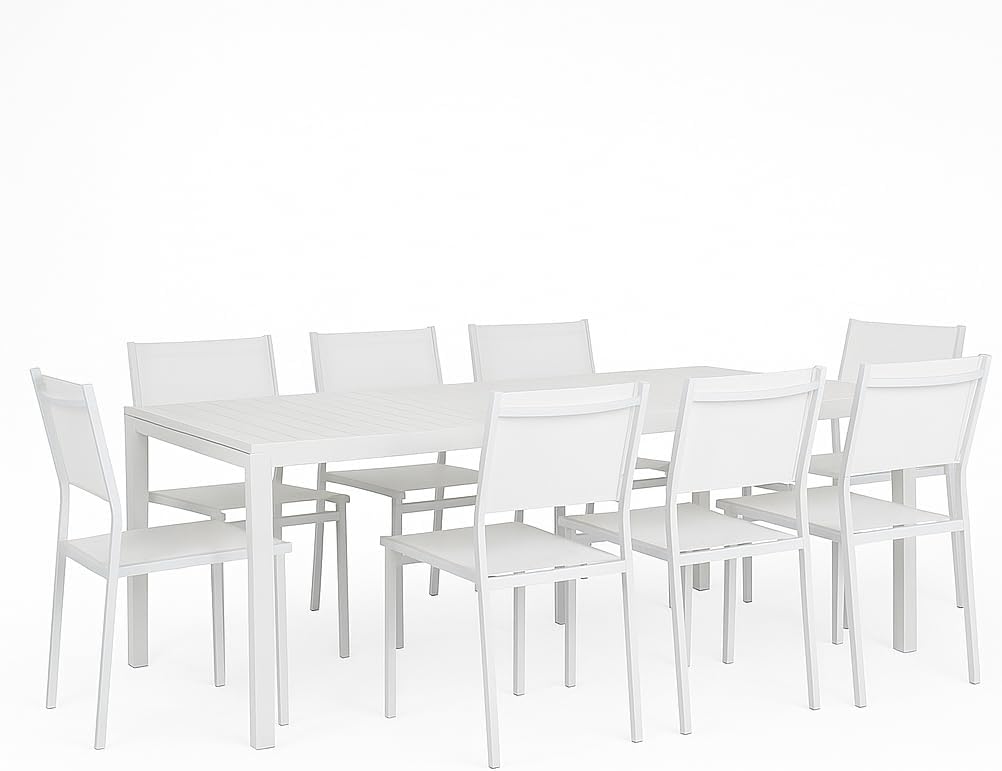 Set tavolo e sedie Totò Piccinni, Allungabile in alluminio rettangolare ideale per giardino con piano a doghe dal design moderno Bianco