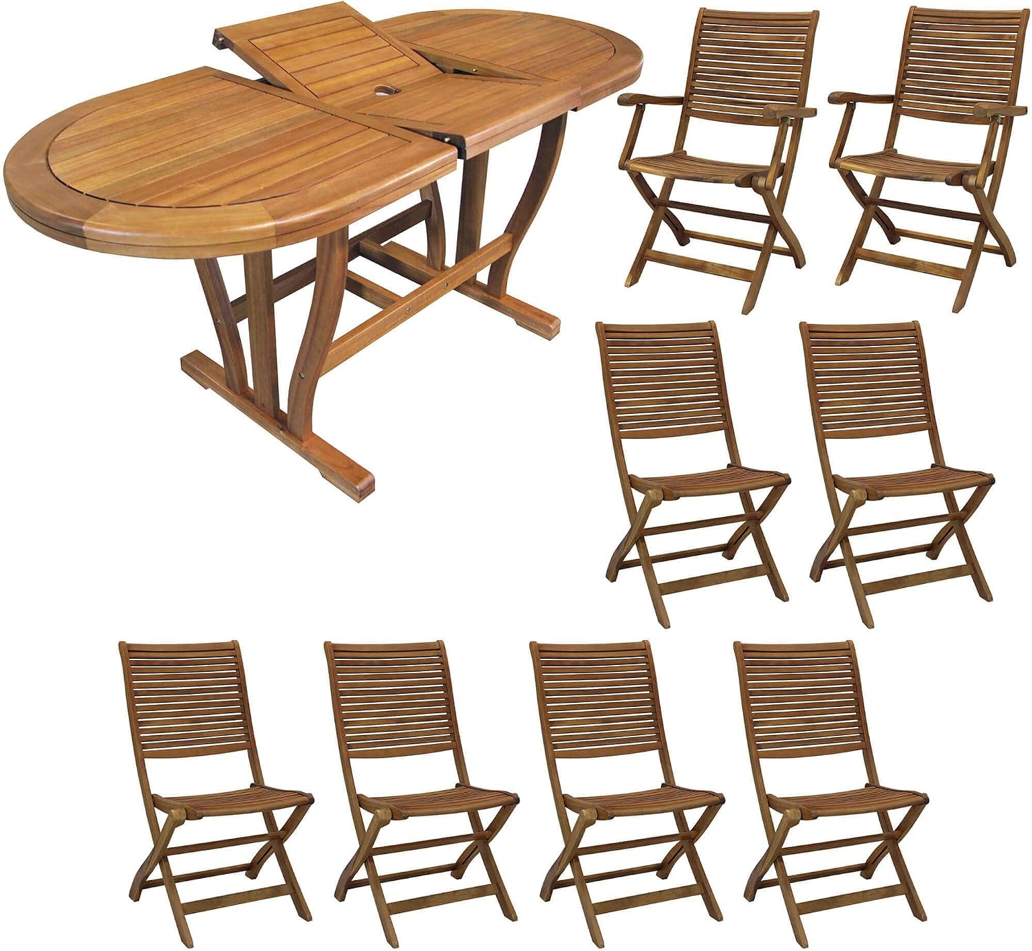 Tavolo milani home, Set Tavolo Giardino Allungabile Ovale 180/240x100 Con 6 Sedie E 2 Poltrone In Legno Di Acacia Massiccio Per Esterno