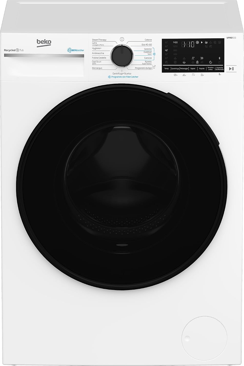 Lavatrice Beko BWT584BF, filtro microplastiche, 1400 giri, motore inverter, Display touch, oblò nero, funzione a vapore SteamCureTM, Bluetooth