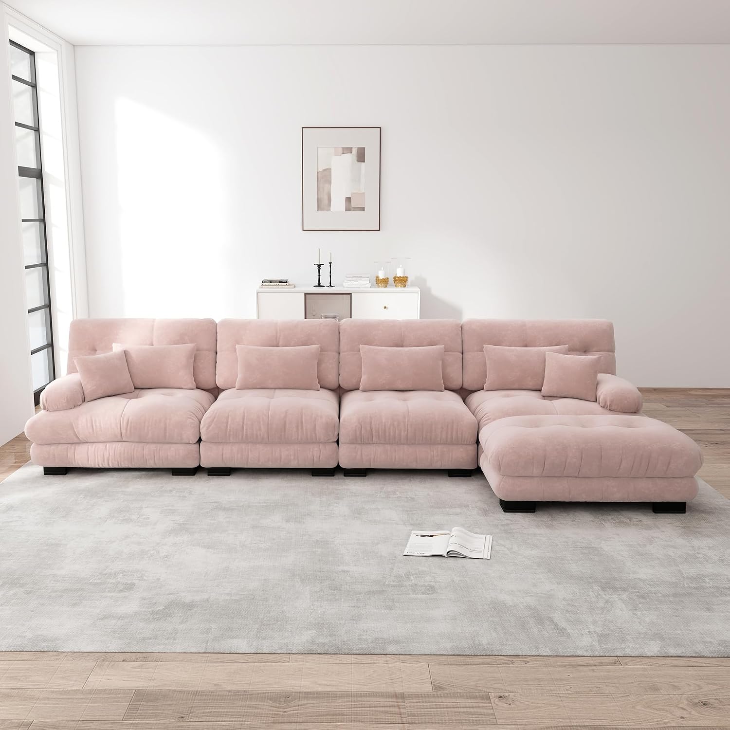 Divano Rvjiahe, set di divani a forma di L, per soggiorno, comodi divani cloud con pouf mobile, combinazione fai da te (rosa+4 posti)