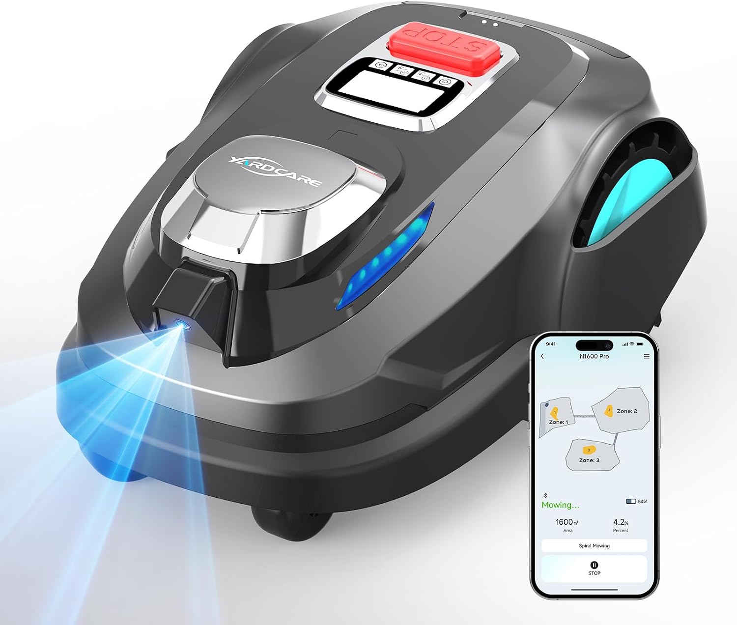 Robot tagliaerba YARDCARE N1600PRO, senza filo perimetrale con navigazione RTK & Vision, fino a 1600 m2 percorso di taglio a U, gestione