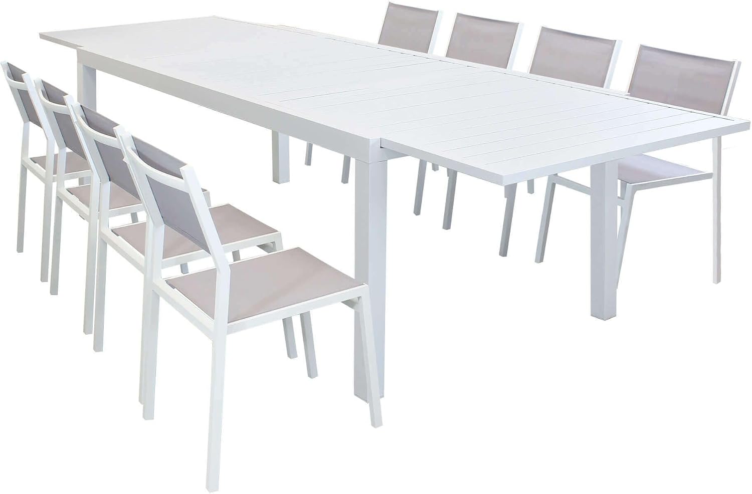 Tavolo milani home, Set Tavolo Giardino Rettangolare Allungabile 200/300x100 con 8 Sedie in Alluminio Bianco E Textilene da Esternodi