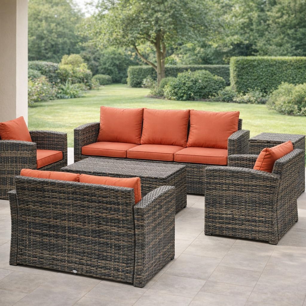 Set mobili da giardino DecHome, da Giardino Esterno Set Mobili 2 Divani 2 Poltrone e Tavolino con Cuscini in Rattan Pe Marrone Arancione